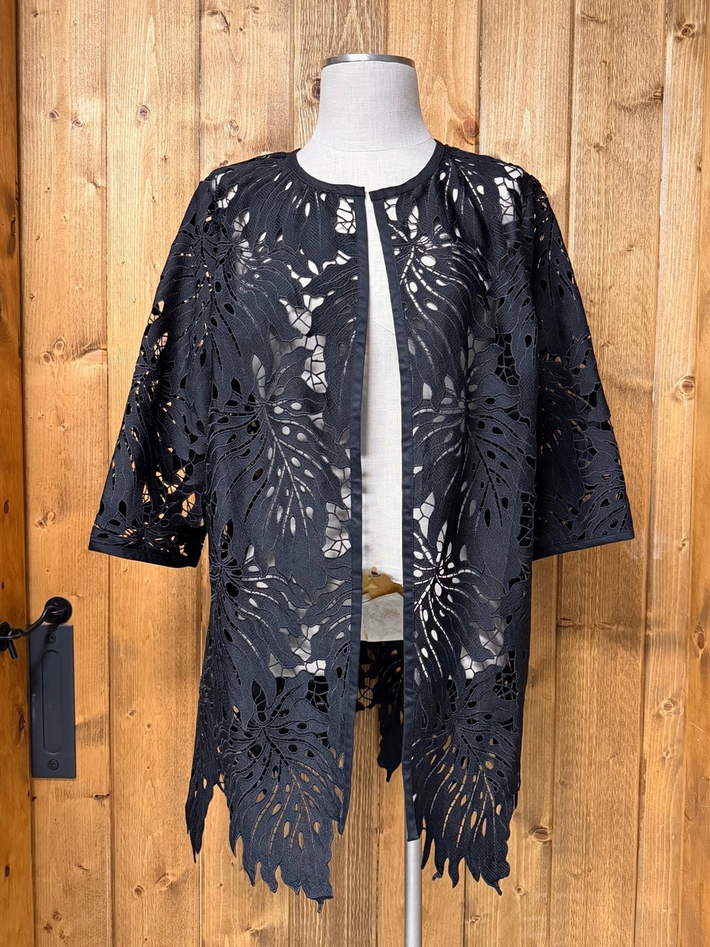Dennis By Dennis Basso Medium Black Lace Open Front Cardigan - Picture 2 of 6
